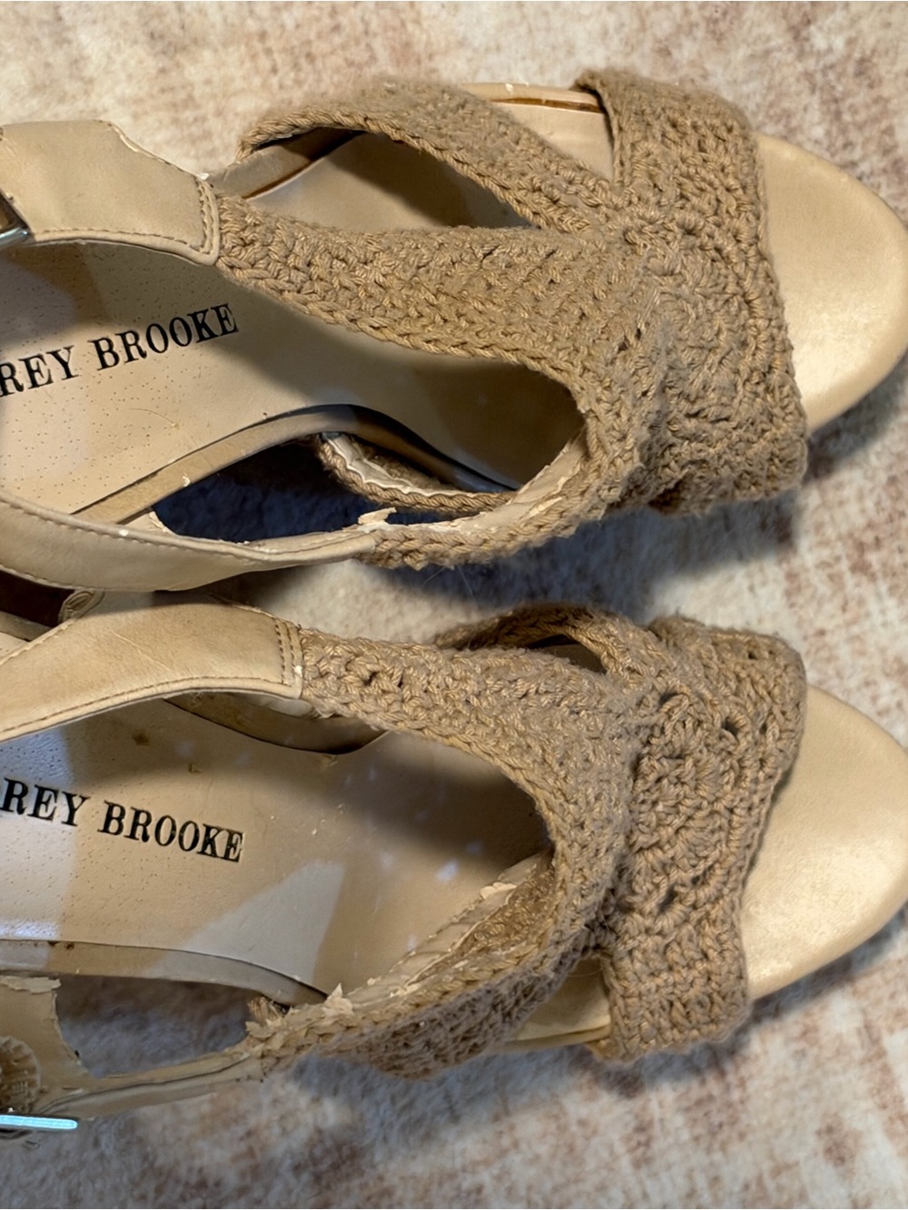 Audrey Brooke Tan Crochet Wedge Sandals